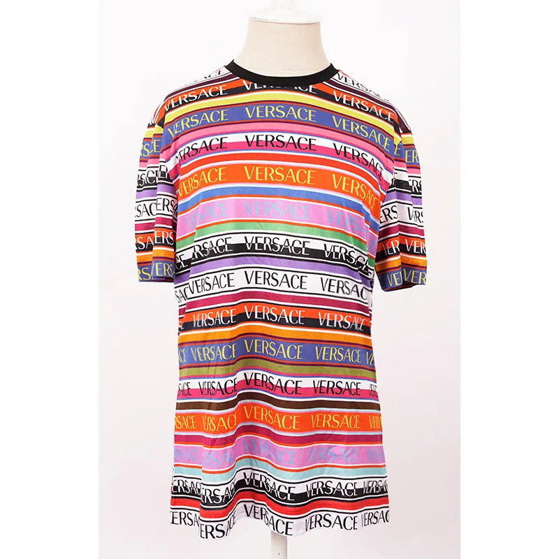 38 NEW $695 VERSACE Woman's Cotton Multicolor Striped LOGO Print T-Shirt Tee TOP