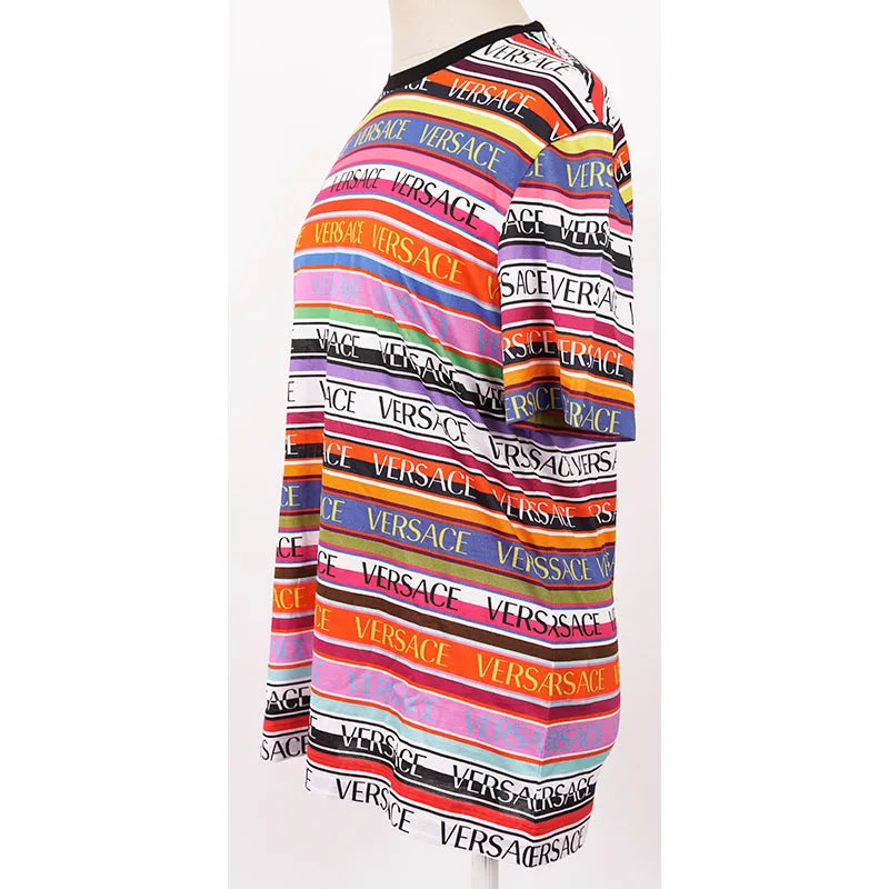 38 NEW $695 VERSACE Woman's Cotton Multicolor Striped LOGO Print T-Shirt Tee TOP