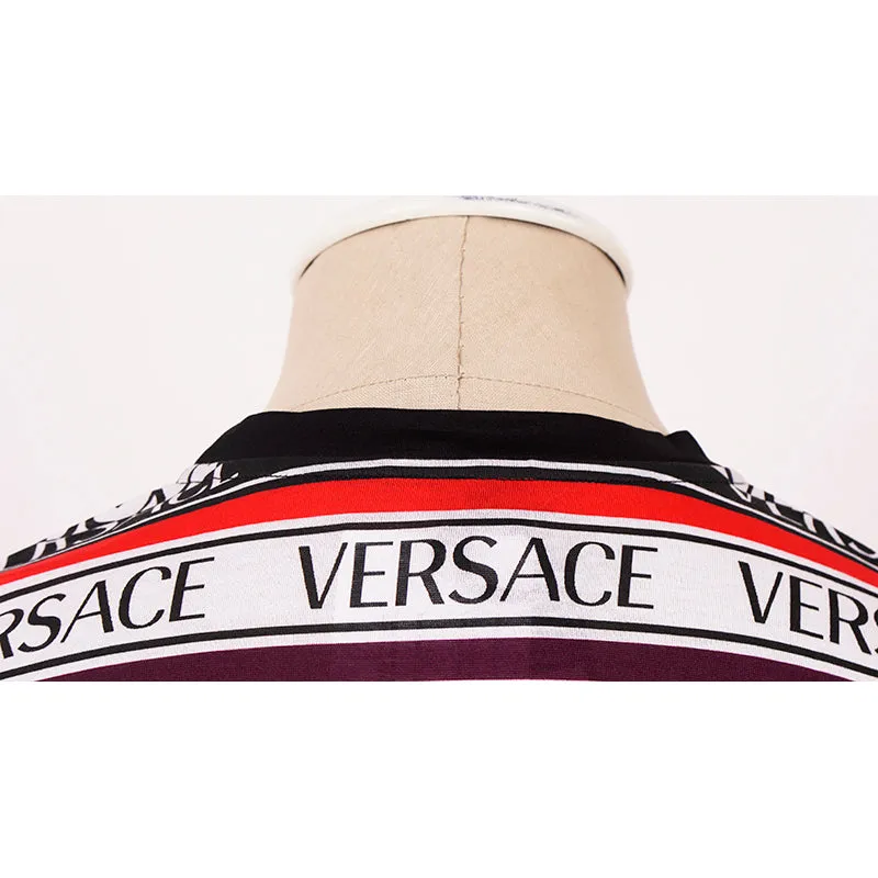 38 NEW $695 VERSACE Woman's Cotton Multicolor Striped LOGO Print T-Shirt Tee TOP