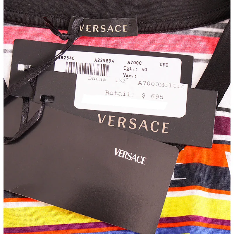 38 NEW $695 VERSACE Woman's Cotton Multicolor Striped LOGO Print T-Shirt Tee TOP