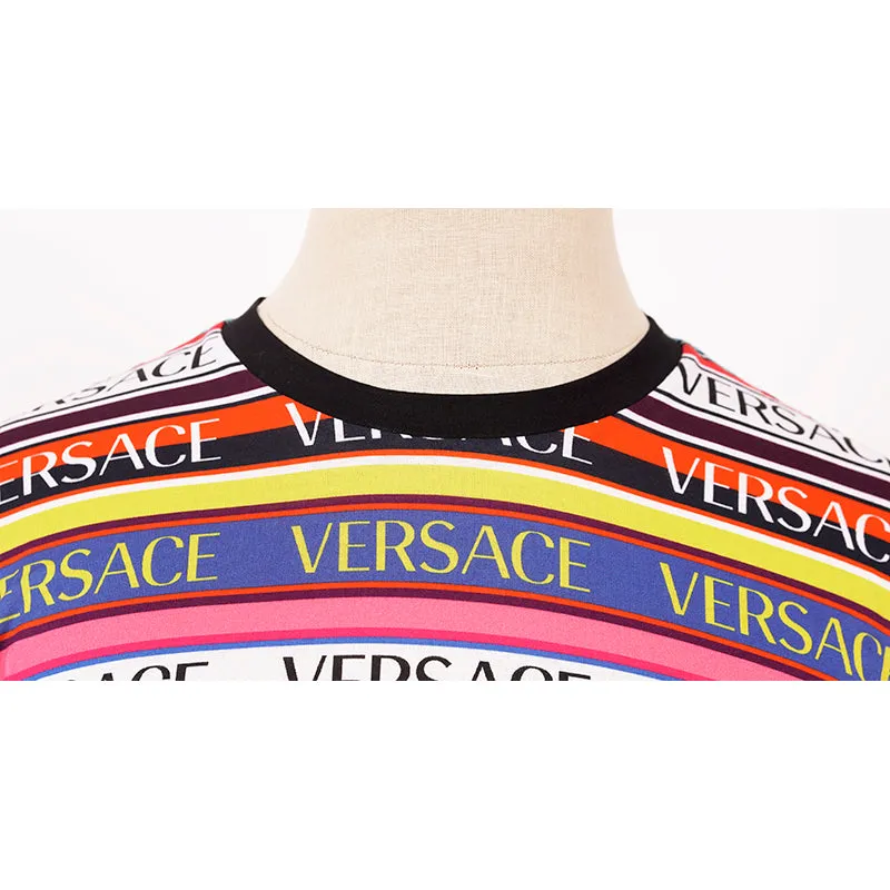 38 NEW $695 VERSACE Woman's Cotton Multicolor Striped LOGO Print T-Shirt Tee TOP