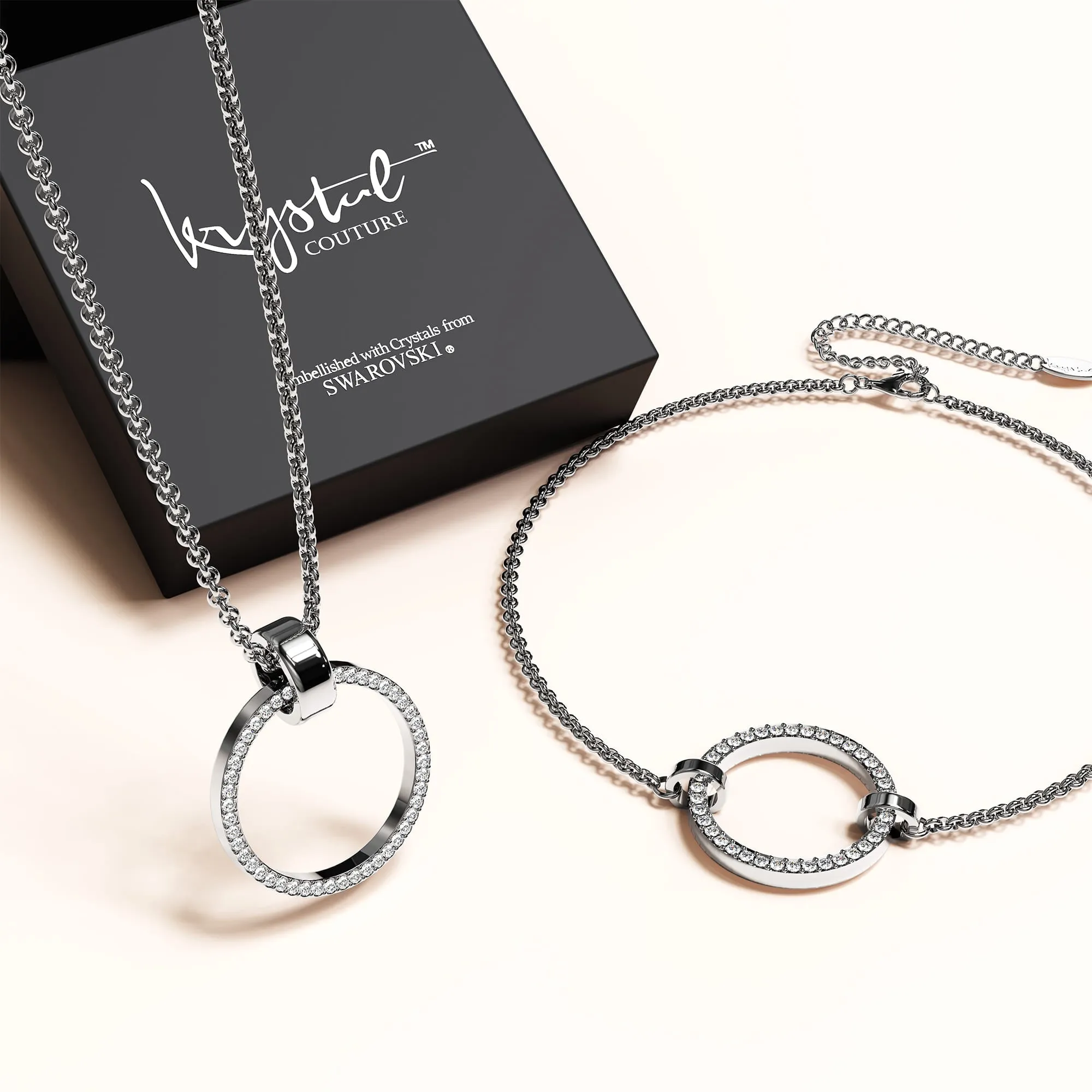 Boxed Orbit Beauty Bracelet & Charm Necklace Set with Swarovski Crystal in White Gold