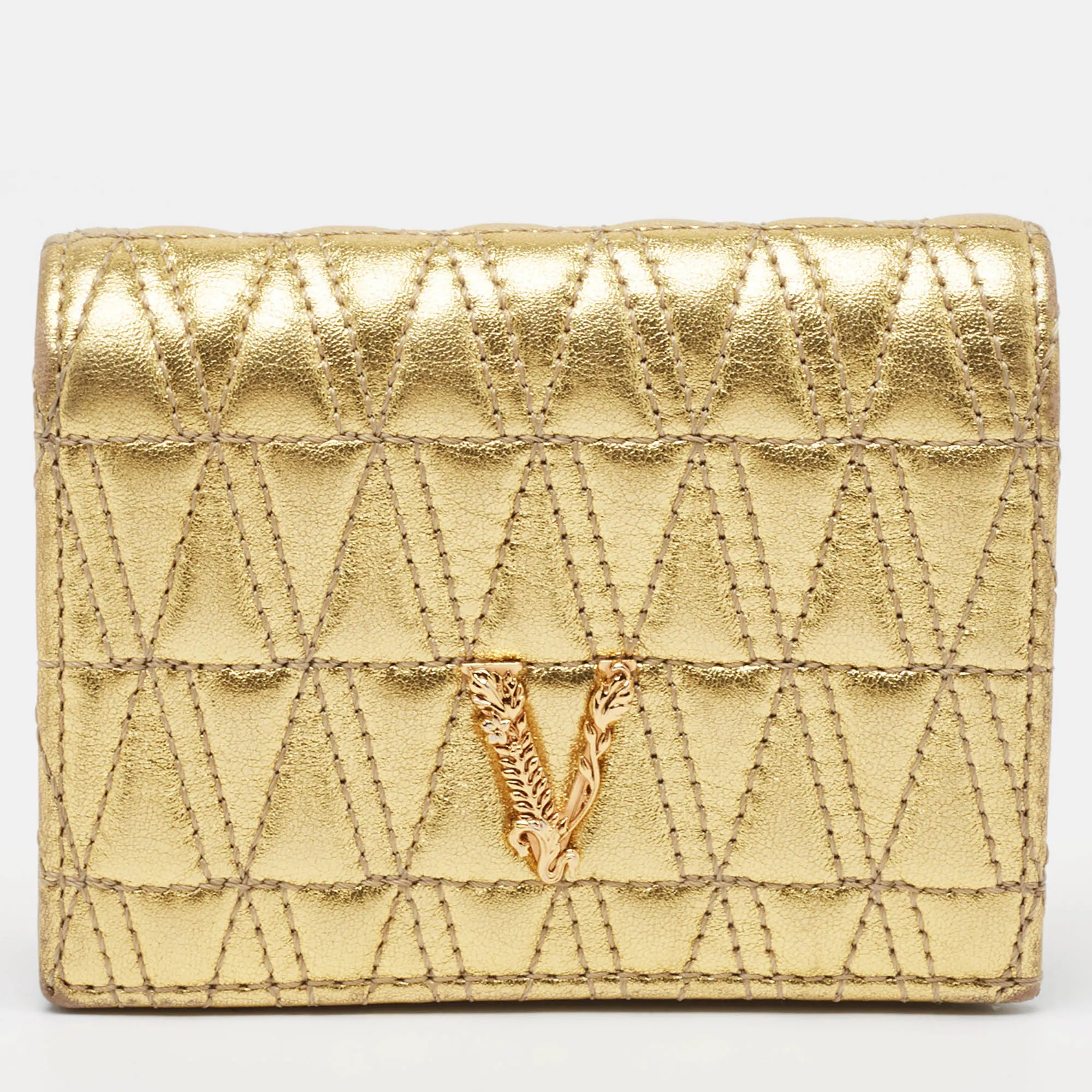 Gold Quilted Leather Virtus Flap Card Case
