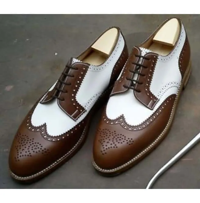 Handmade Men's Dark Brown & White Wing Tip Brogue Lace Up Formal Dress Shoes