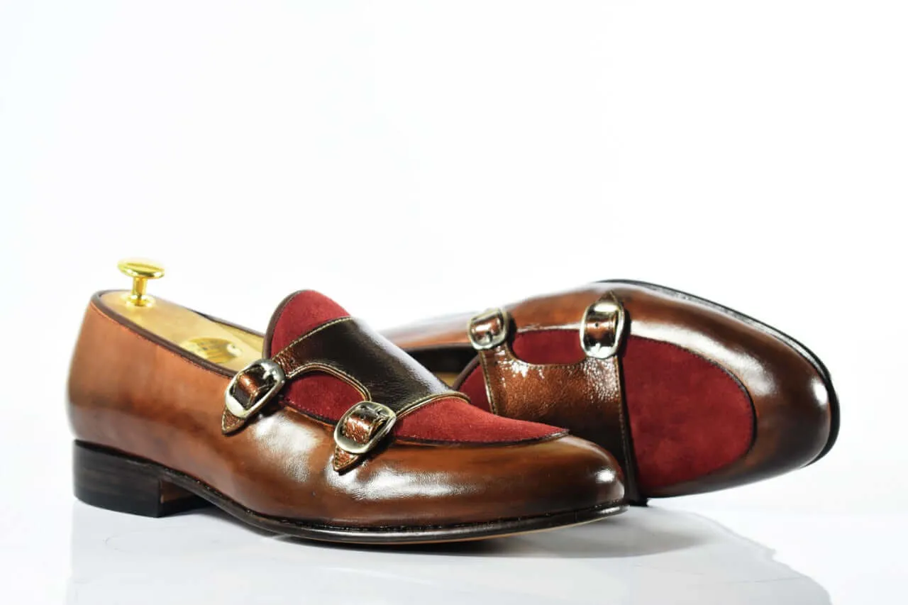 Handmade Men's Two Tone Brown Burgundy Leather Double Monk Strap Loafer Shoes, Men Designer Dress Formal Luxury Shoes