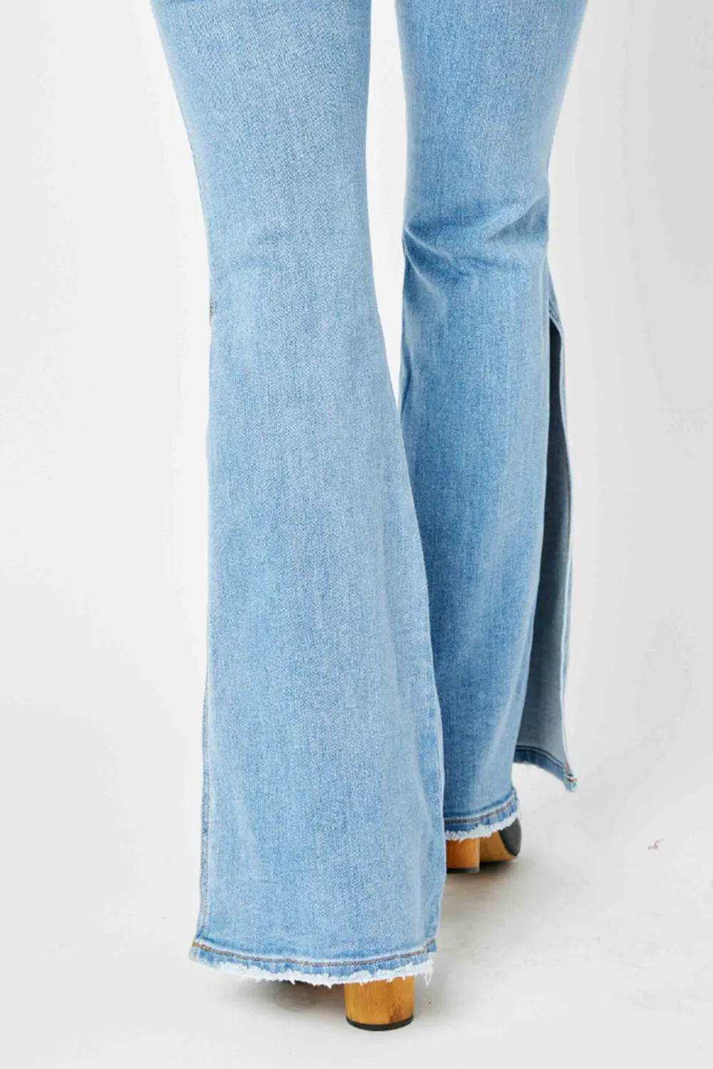 Judy Blue Full Size Mid Rise Raw Hem Slit Flare Jeans,