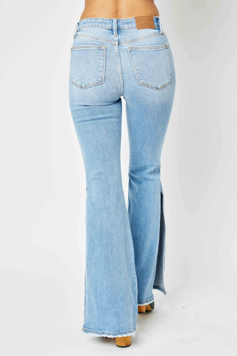 Judy Blue Full Size Mid Rise Raw Hem Slit Flare Jeans,