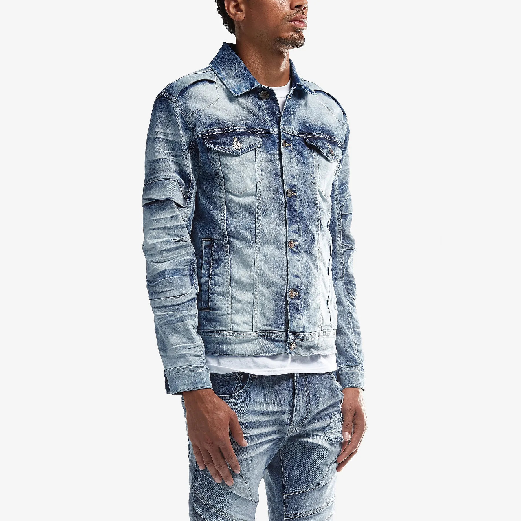 LIGHT SAND BLUE DENIM JACKET W/ FASHION CUTS