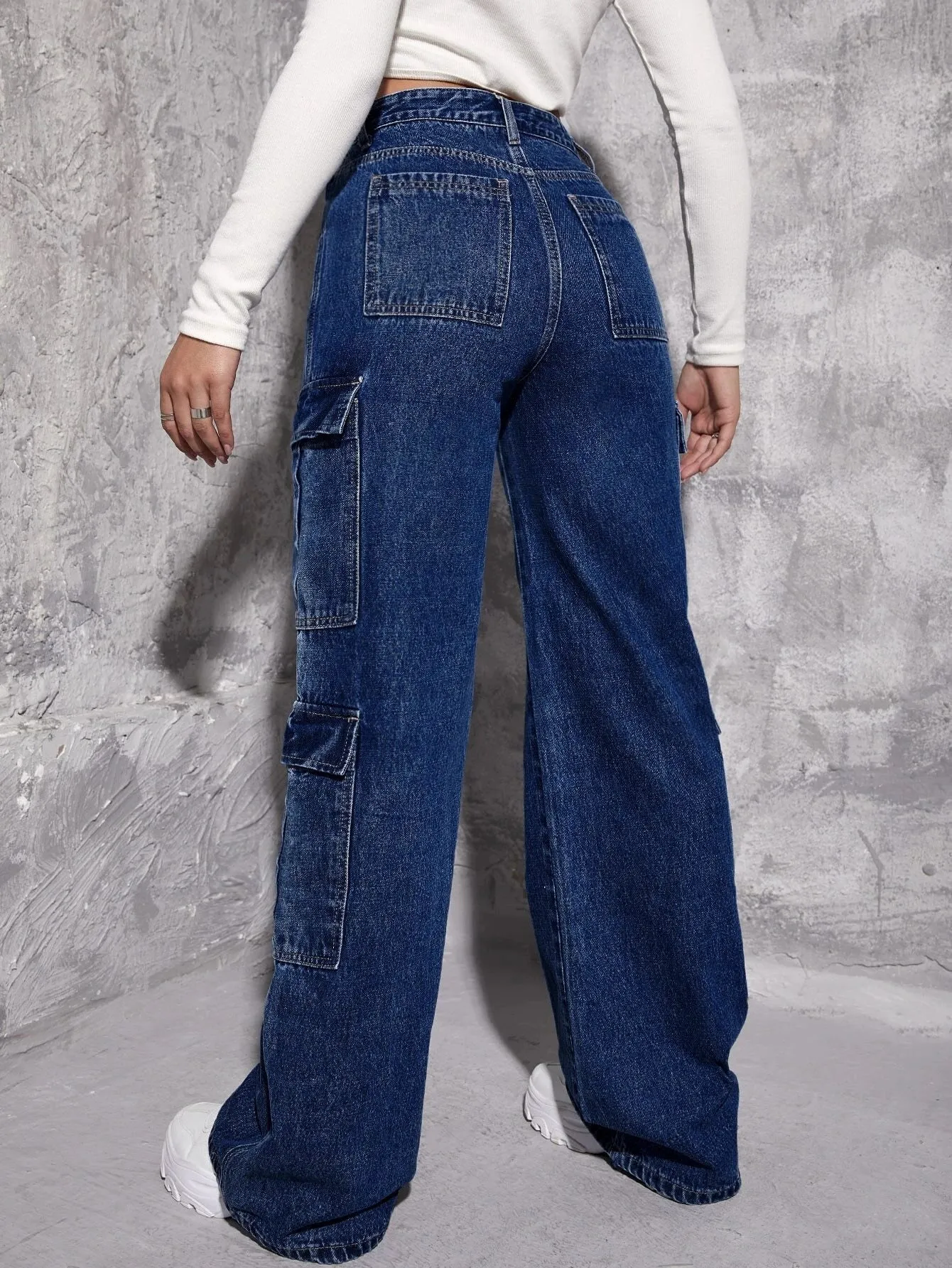Plain Long Flap Pocket Cargo Jeans