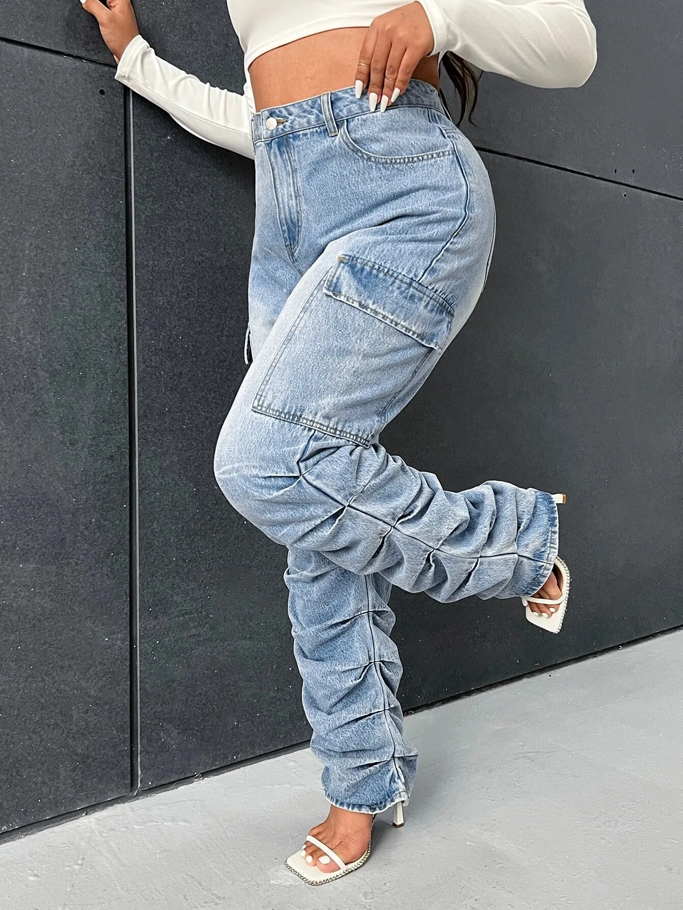 Ruched Side Stacked Cargo Jeans