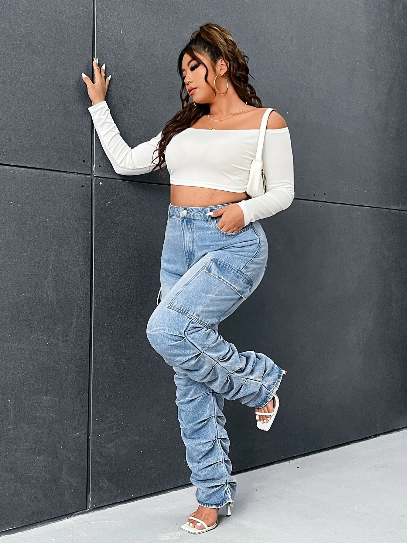 Ruched Side Stacked Cargo Jeans
