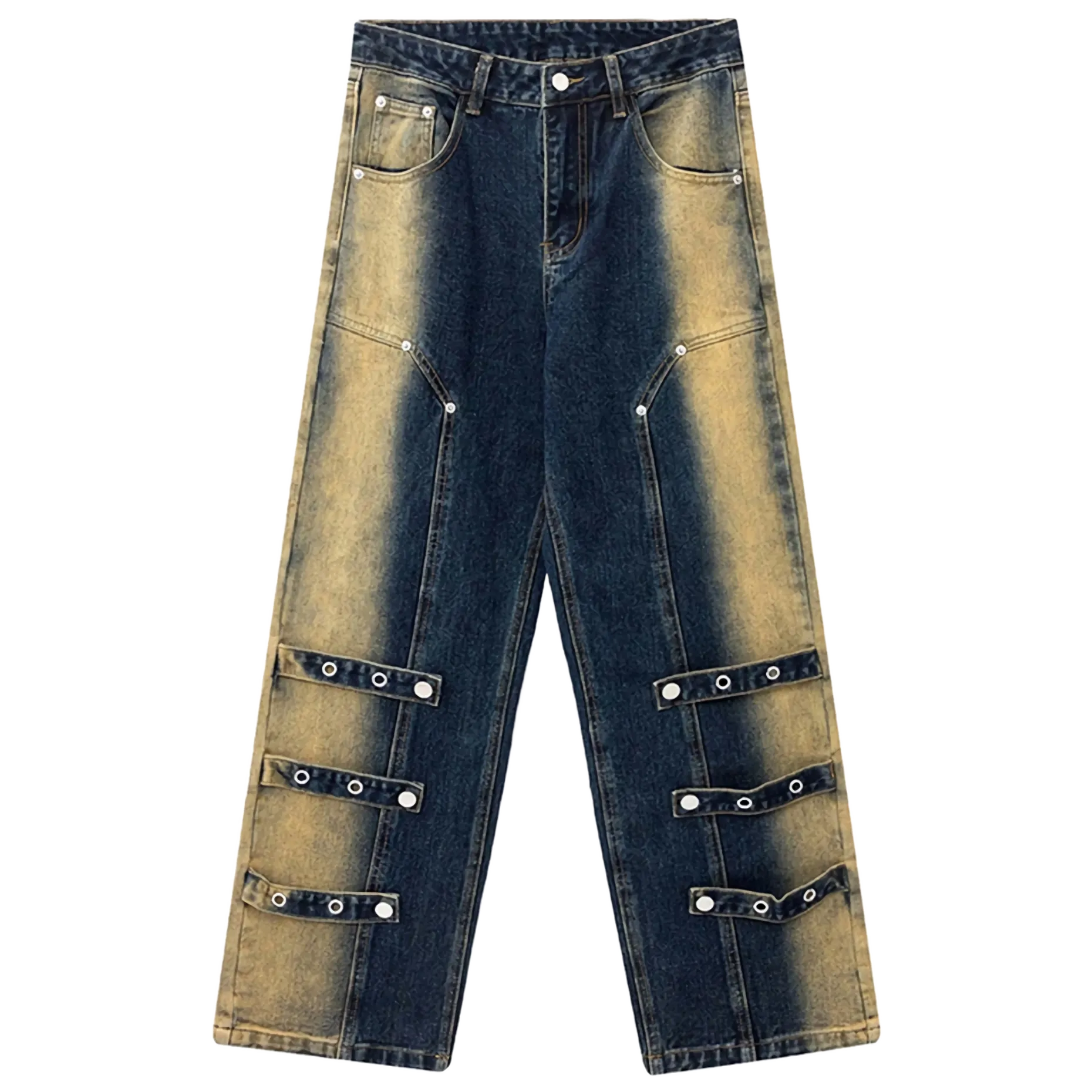 Structured Grommet Strap Faded Denim Jeans