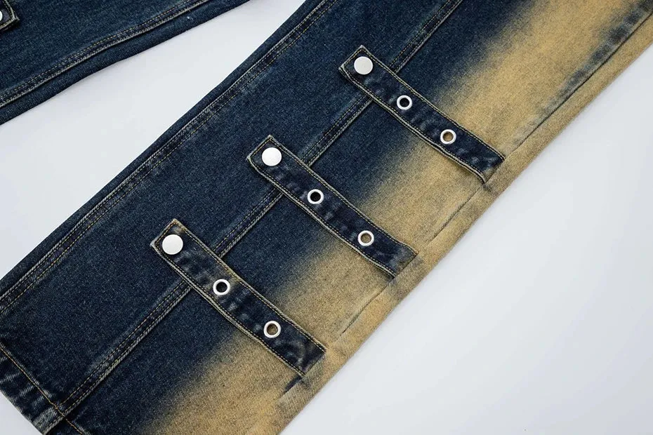 Structured Grommet Strap Faded Denim Jeans
