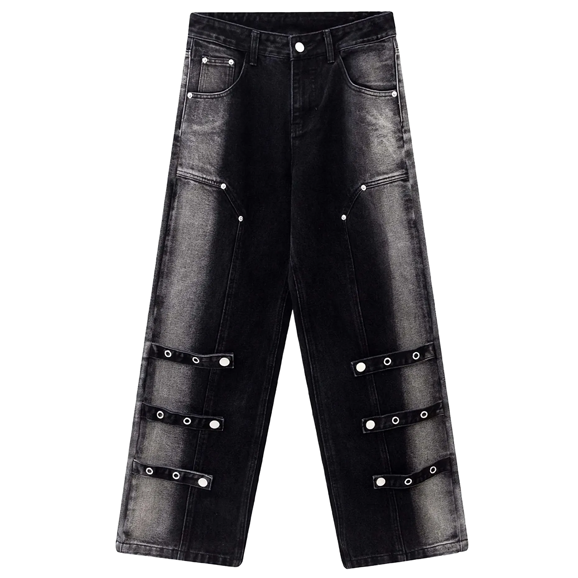 Structured Grommet Strap Faded Denim Jeans