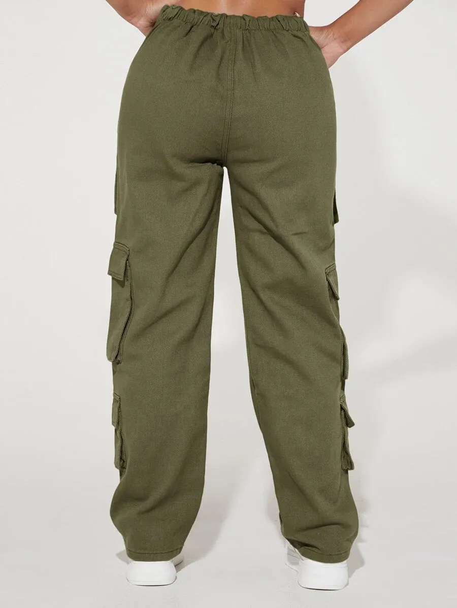 V-Cut Waist Flap Pocket Cargo Jeans