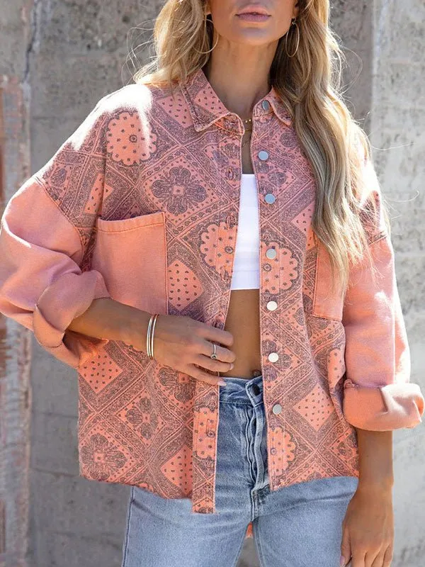 Women's Jackets Vintage Print Shirt Collar Pocket Jackets